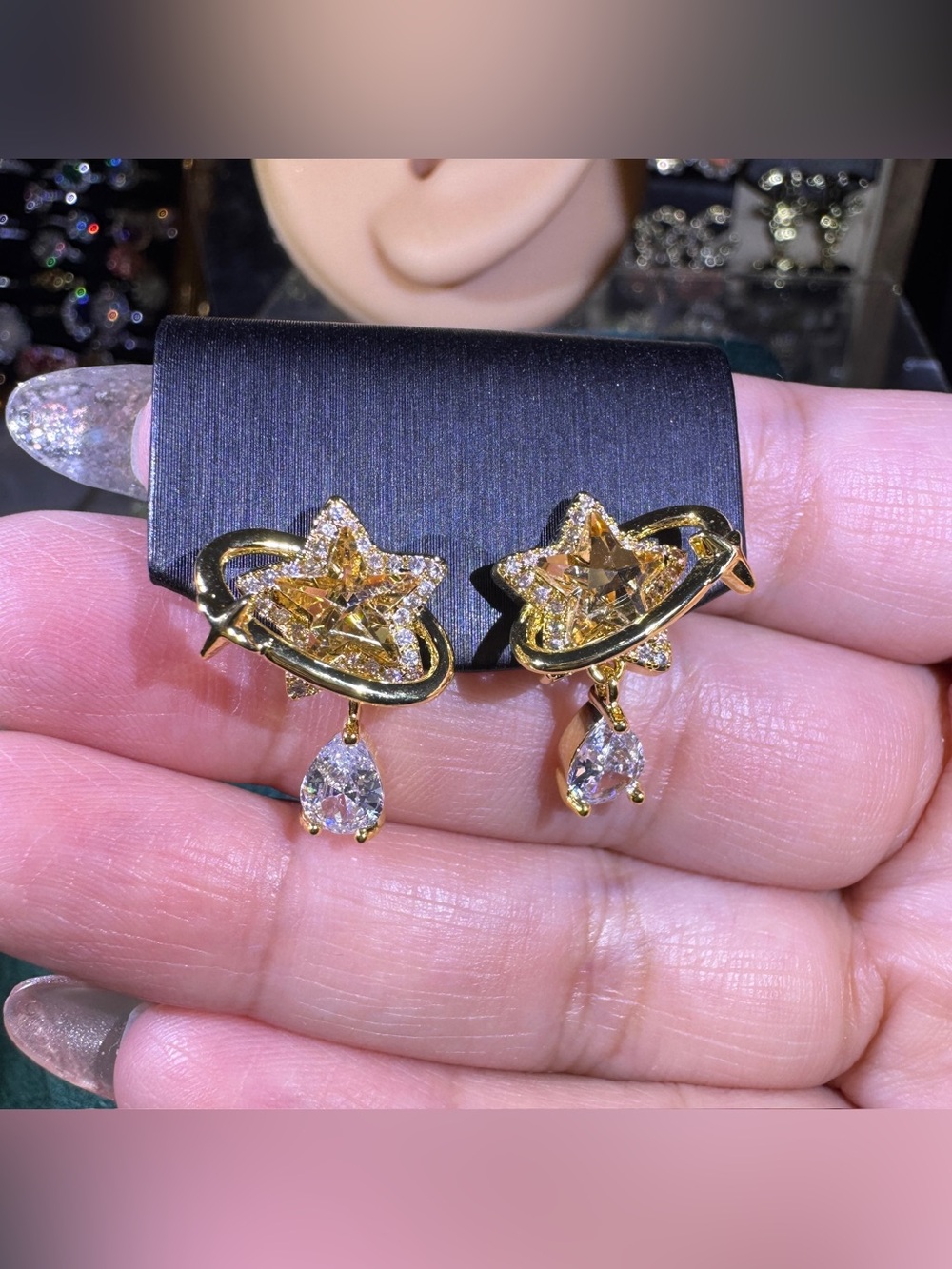S925 Posts-Gold Star Orbit Drop Earrings with Clear Teardrop Stones